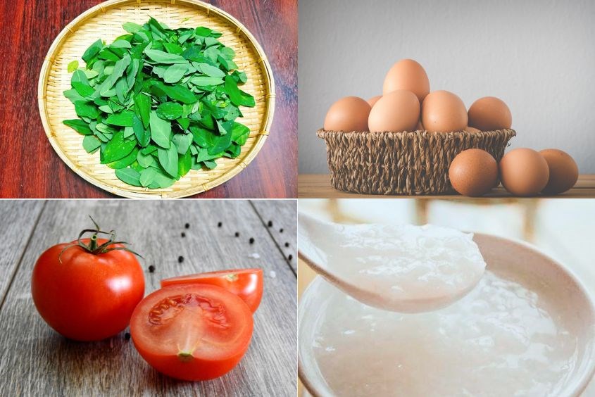 Nguyên liệu cho món cháo trứng cà chua cho bé nấu rau ngót
